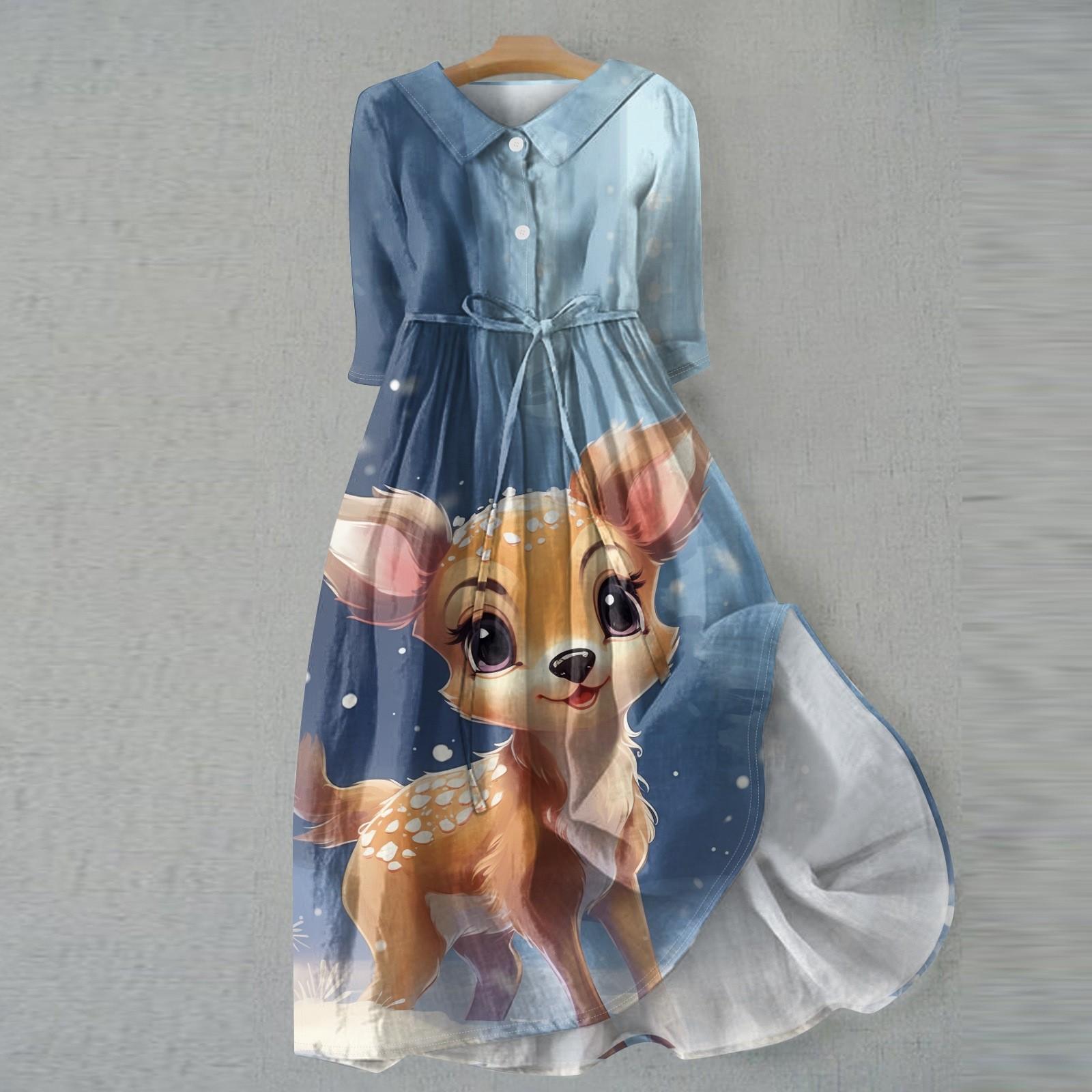 

Женское модное рождественское принтовое платье с отворотом, застегивающимся на пуговицы, рукавами-семью точками и завязками XXXL