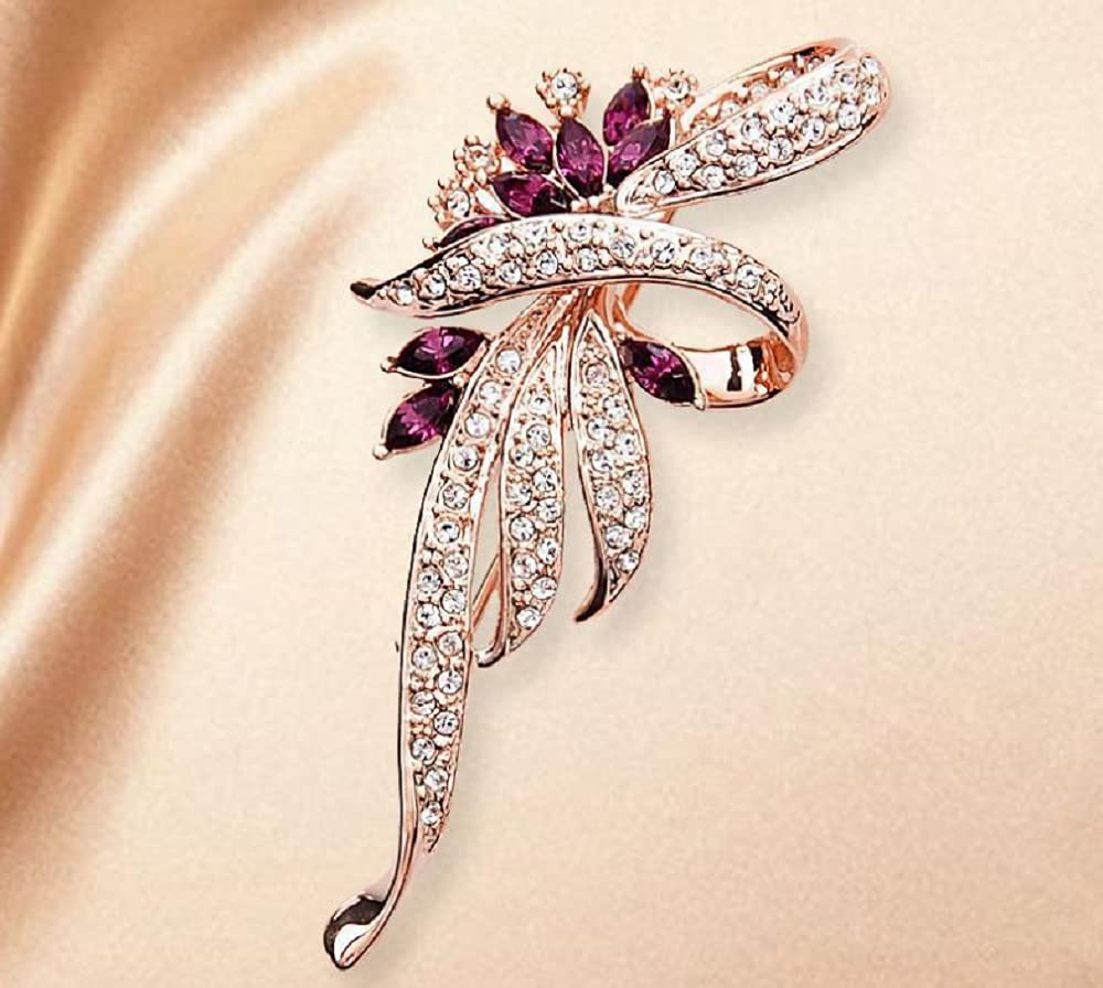 Miaomyao Cubic Zirconia Purple Elegant Ribbon Flower Crystal Leaf Brooch Accessory for Women Birthday Anniversary Gift [MiaoMiao] (Purple & Gold)