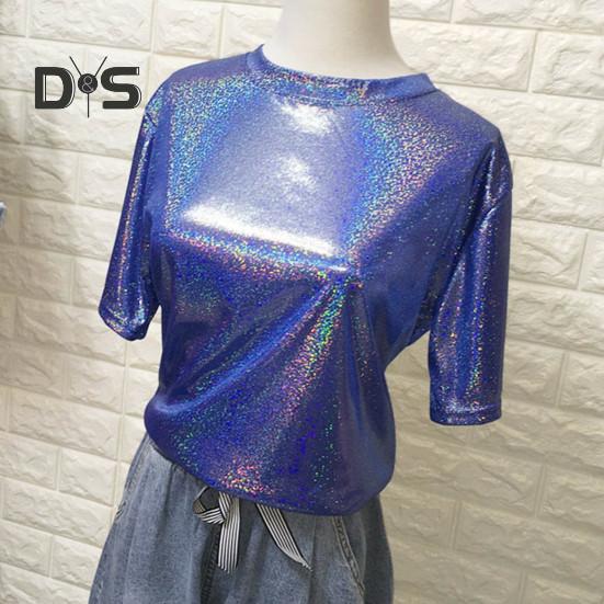 Dámské funkční triko s kulatým výstřihem, krátký rukáv, volný střih, třpytivé reflexní triko Tričko Party Dance Pullover Top