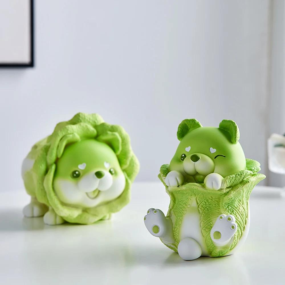 Aesthetic Miniature Cute Resin Vegetable Cabbage Dog Creative Animal Figurines Desktop Car Dashboard Home Decoration Gifts