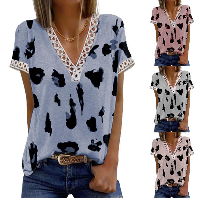 

Летняя женская модная кружевная футболка с леопардовым принтом, свободный повседневный топ с V-образным вырезом S серый