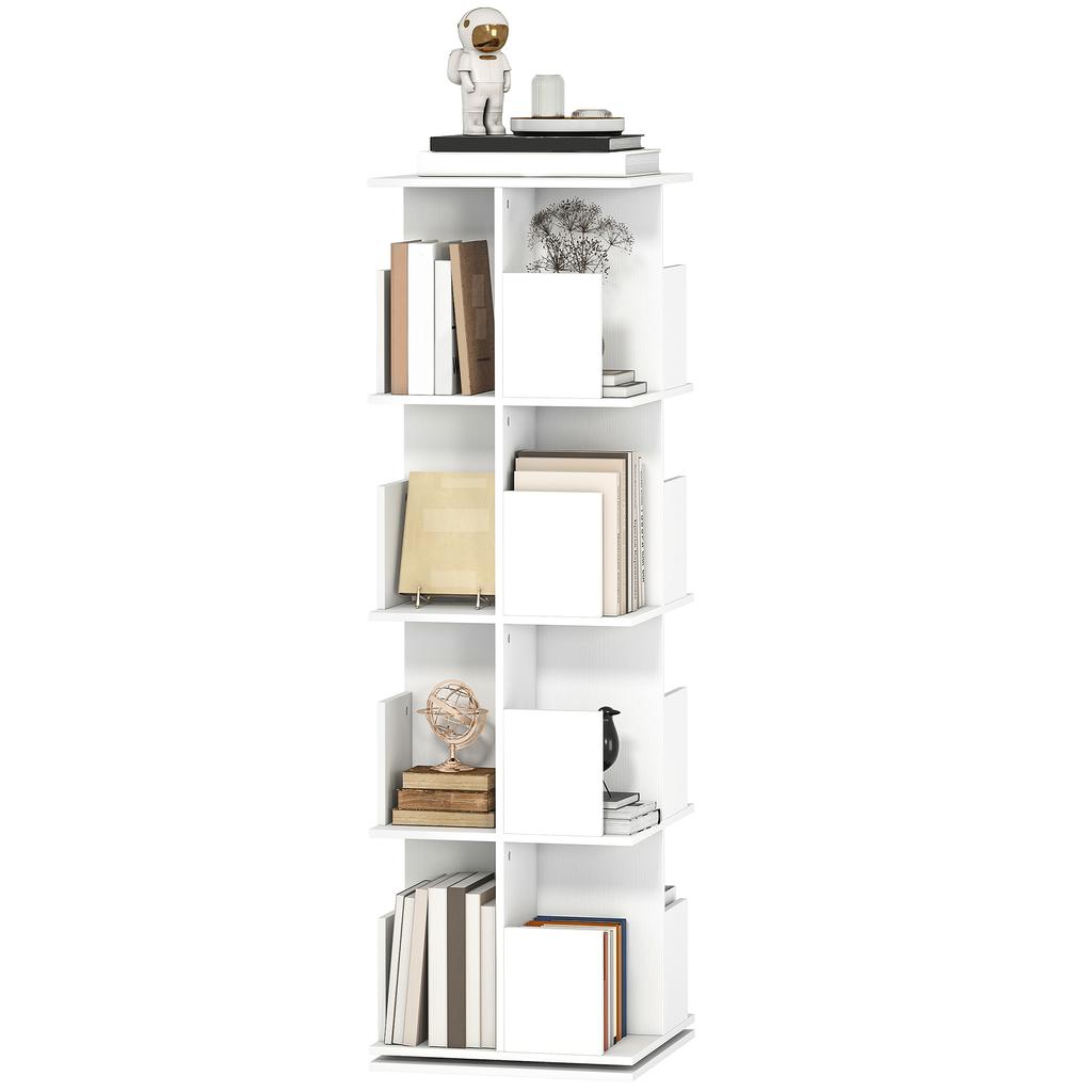 Rotating Bookshelf with 4 Levels, 16 Compartments, Easy Access, for Bedroom, Living Room, Study, Particle Board, White