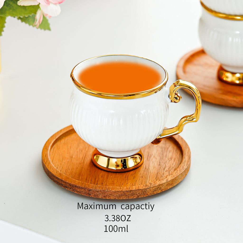 6Pcs European Style Luxury Mini Ceramic Coffee Cups with Wood Dish Gold Edged Mug Afternoon Tea Cup Set Household Drinkware