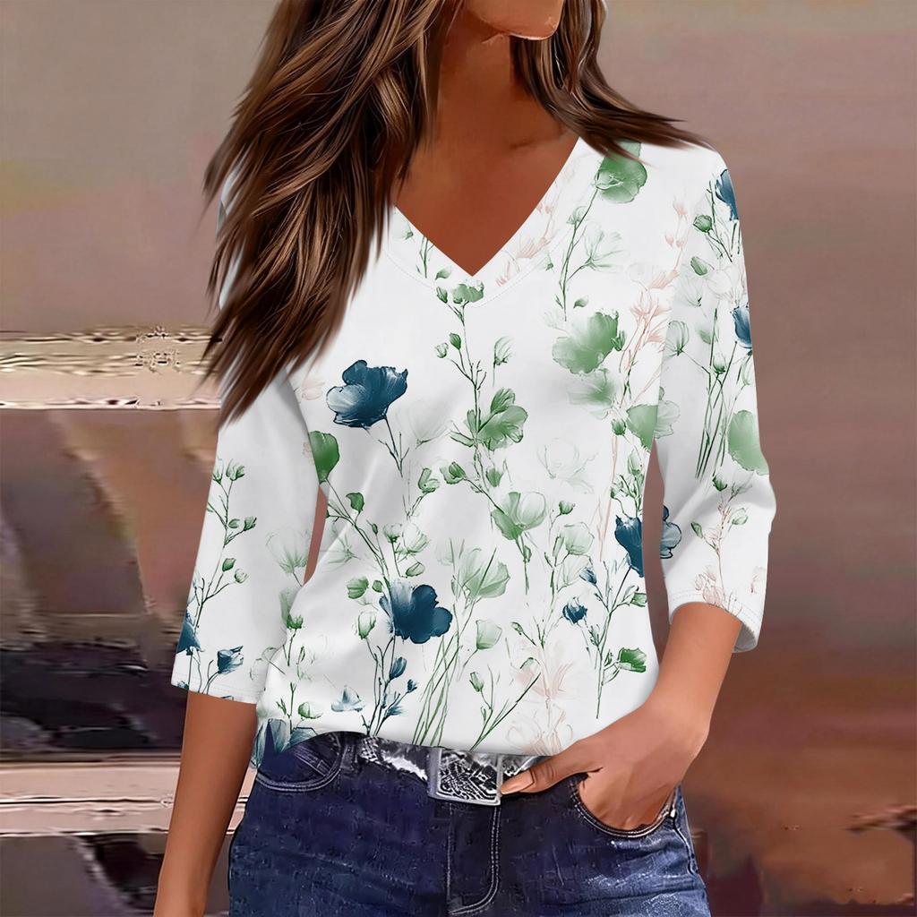 Women’s V Neck 3/4 Sleeve Blouse with Large Floral Print Relaxed Fit Lightweight Casual Top for Daily Wear