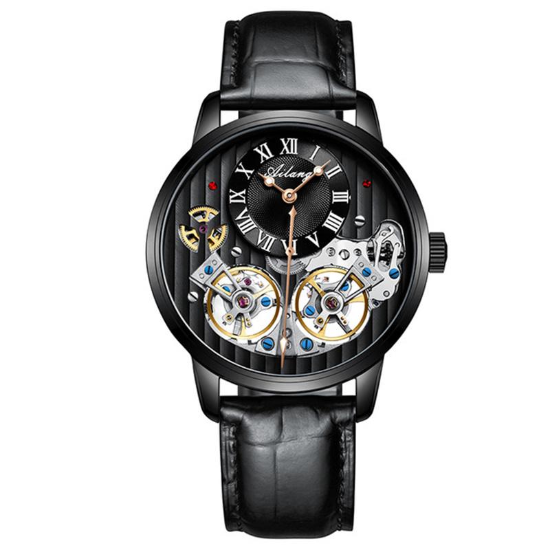 AILANG Orologi da Uomo Nero Doppio Tourbillon Cinturino in Pelle Orologi Meccanici Automatici Tourbillon Volante Impermeabile
