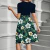 Women's Fashionable Casual Belt Short Sleeved Round Neck Printed Patchwork Dress