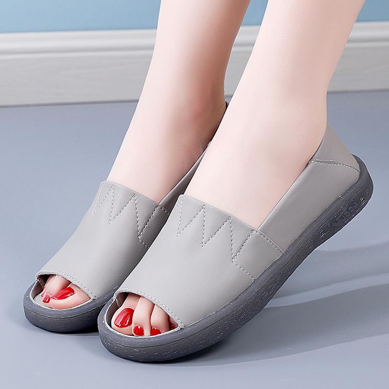 Summer Women Genuine Leather Flats Open Toe Woman Ladies Casual Shoes Luxury Loafers Female Slip -On Boat Walking Shoes Moccasins