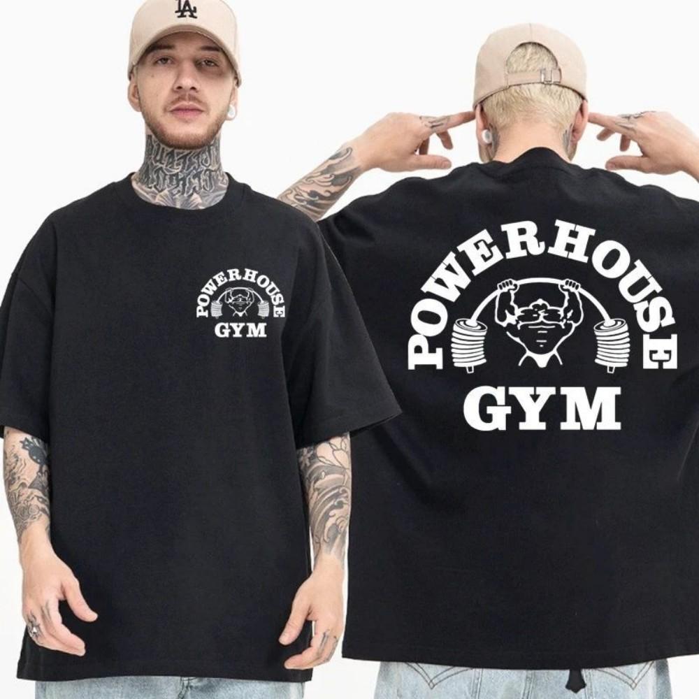 Powerhouse Gym Pattern T-shirt Men's Fun Breathable Round Neck T-shirt Outdoor Leisure Geek Fitness Retro Top