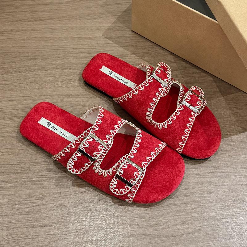 Casual and simple Korean version double-breasted one-word with flat-bottomed cool slippers, new summer retro embroidered girls half slippers