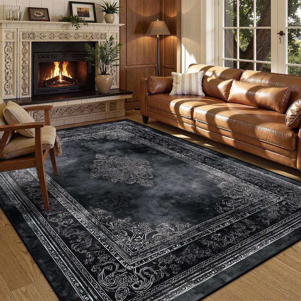 Persian American Black Carpet Large Area Living Room Decoration Home Retro Ethnic Bedroom Rug Cloakroom Lounge Soft Mat Washable