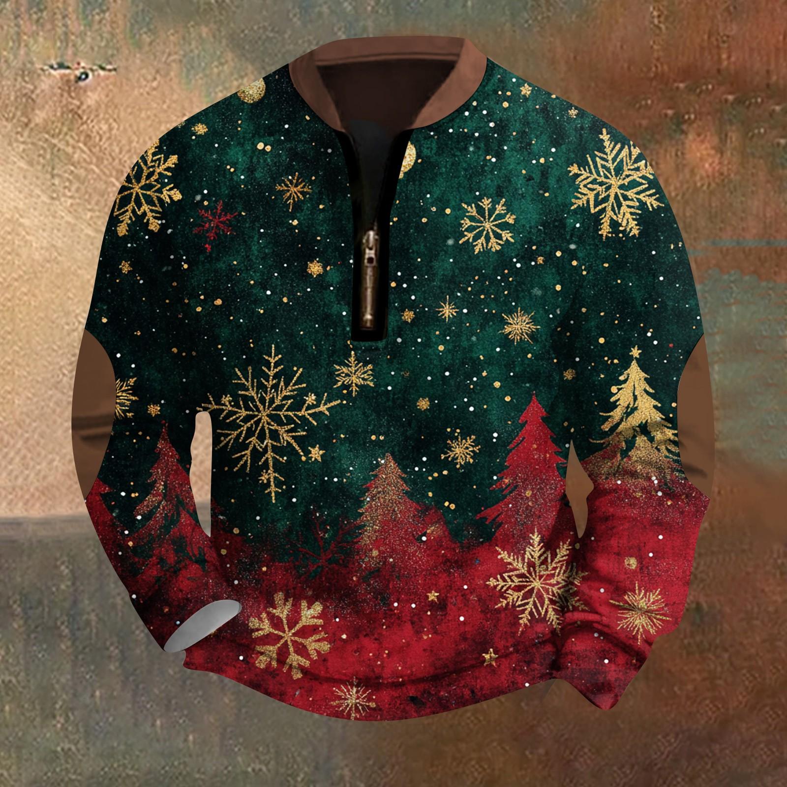 

Мужская модная повседневная свободная толстовка с длинным рукавом и молнией на воротнике с рождественским принтом L темно-зеленого