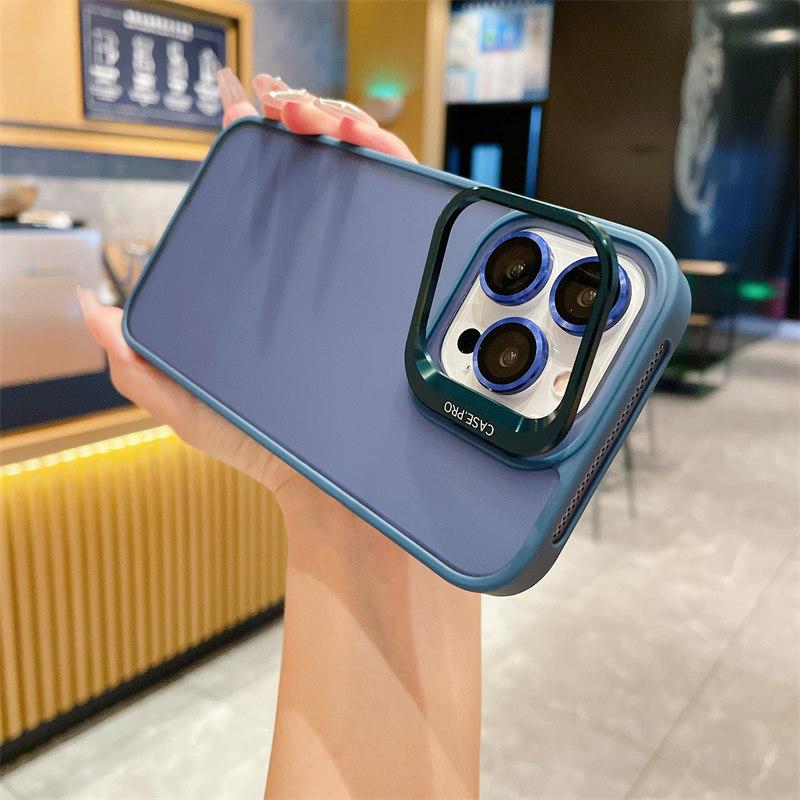 With Lesn Film Metal Camera Holder Stand Phone Case For iPhone 15 Plus 14 Pro Max 13 Pro 12 11 Shockproof Matte Lens Bracket Shell Cover