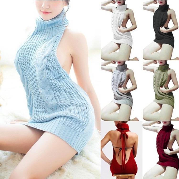 2025 Spring Sexy Backless Knitted Pullover Women’s High Neck Sleeveless Sweater Girl Bun Cos