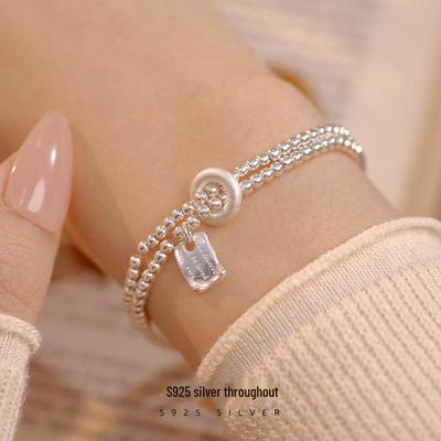 Banyan Tree S925 Silver Double Beaded Elastic Bracelet for Women - Elegant Korean Style, Perfect Girlfriend Gift