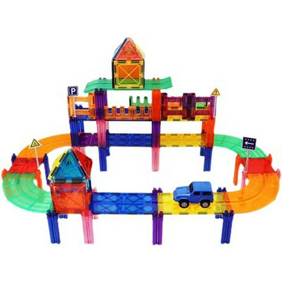 Colorful Magnetic Tiles and Car Race Track Set for Kids