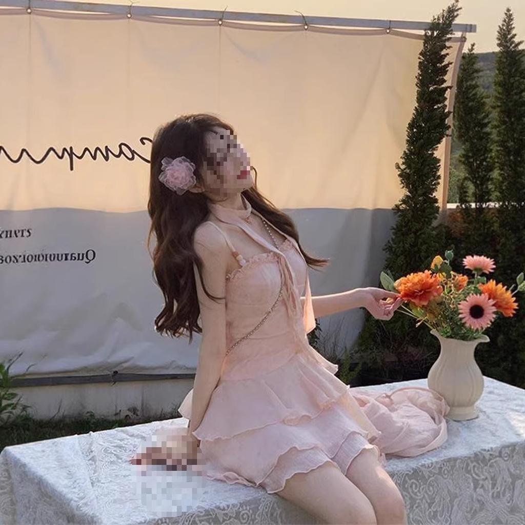 Slightly fat gentle sweet ruffle leaf edge suspender dress women's summer small man waist thin short skirt cardigan set