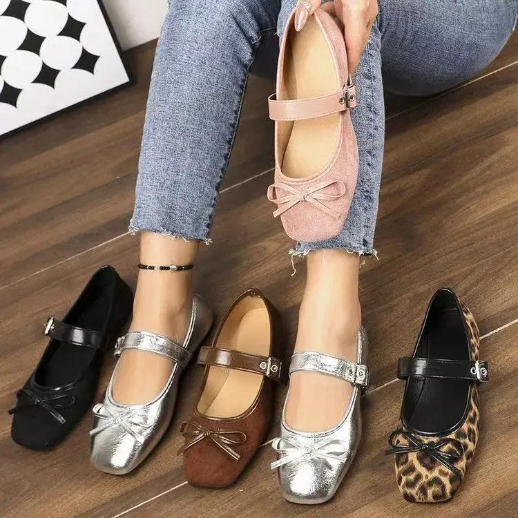 Large Size Flat Bottom Single Shoes for Women Butterfly Knot French Style Evening Mary Janes Square Head Casual Loafers