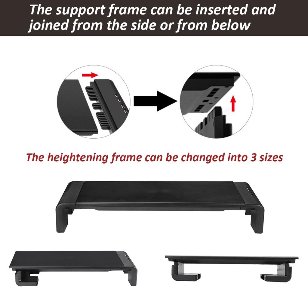 4 USB Multifunktions-Monitorständer mit 2.0 Anschlüssen, Ladefunktion, Monitorhalter, Computerbildschirm-Regal, Laptopständer, Organizer, Schwarz