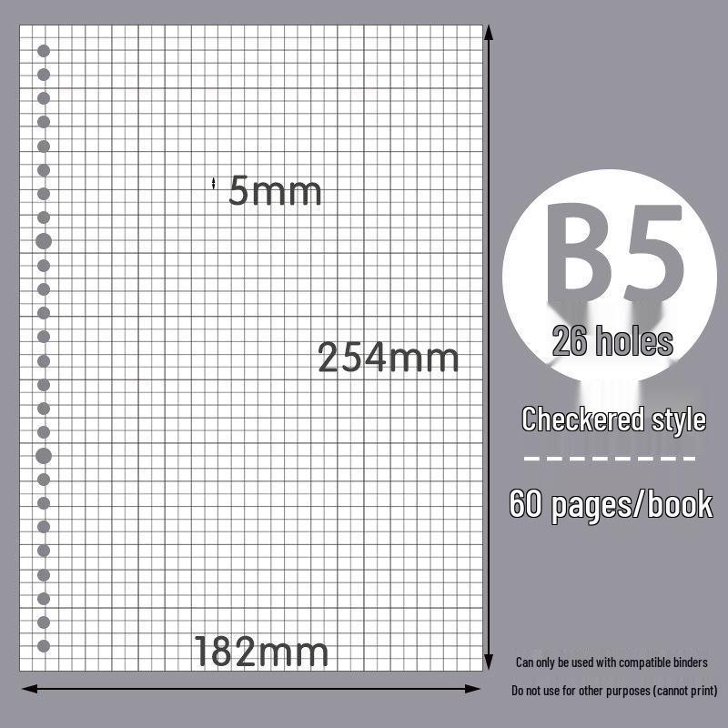 B5/A5 Loose-Leaf Refill Paper, 26/20 Holes, Grid/Horizontal Lines, Notebook Pages
