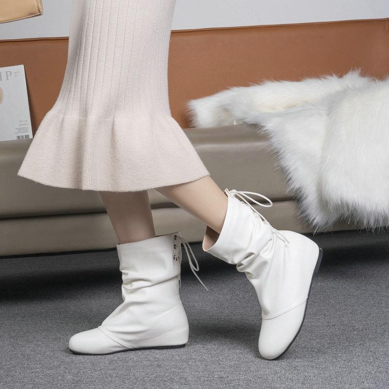 Women's Short Boots Black White Inner Height Increase and Naked Boots Wedge Heel Middle Heel Back Lace-Up Middle Boots Fashion Martin Boots Women