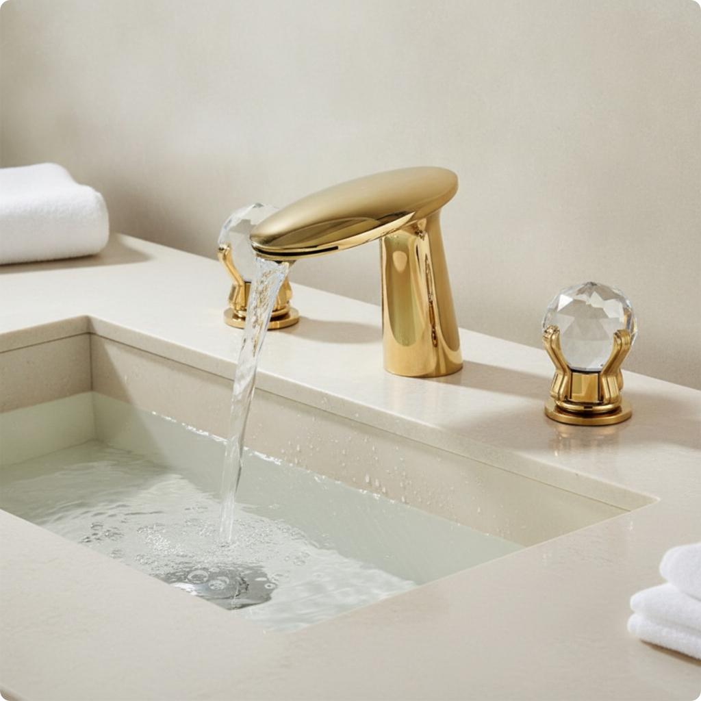 Bathroom Faucet with Waterfall Spout Polished Bathroom Faucet with Crystal Handles Waterfall Sink Tap Two-Handle Spa-Like