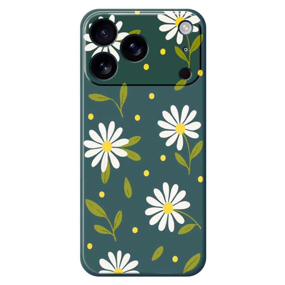 For iPhone 17 Pro Case White Flowers Green Leaves Pattern Printing Straight Edge TPU Phone Back Cover