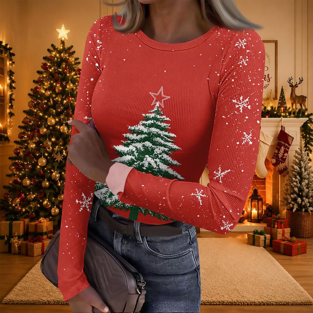 Women's Casual Christmas Print Long Sleeve Ribbed Neck Top