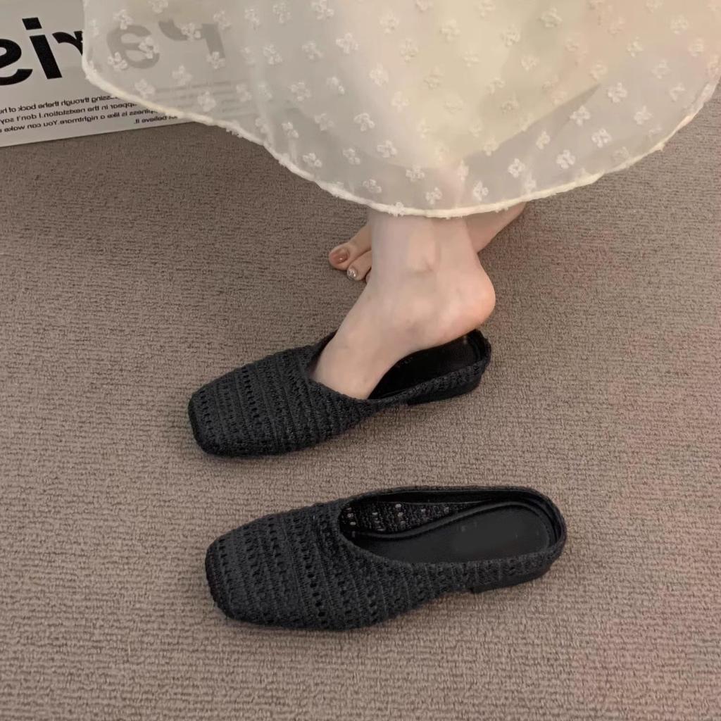 Fashion 2025 Women Mules Slippers Female Summer Flats Sandals Knit Fabric Stretch Slides Holiday Beach Shoes Square Heel Square Toe Flat