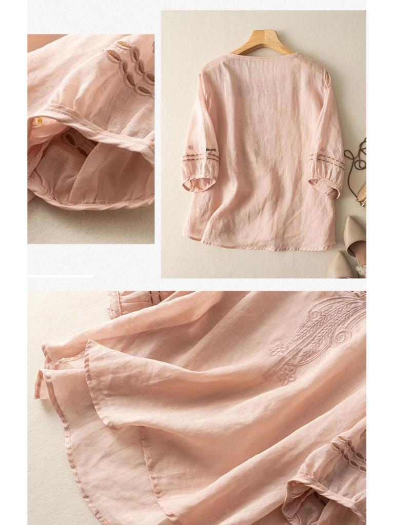 High-End Damen Übergröße Leinen-Baumwoll Kurzarmhemd - Sommer 2025 Chinesischer Stil