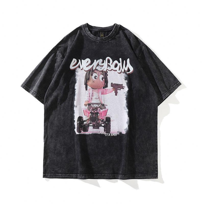 Washed And Old Small Neckline Short-Sleeved T-Shirt Men'S Harajuku Hiphop Retro Pure Cotton Heavy Trendy Brand Half-Sleeved Tee
