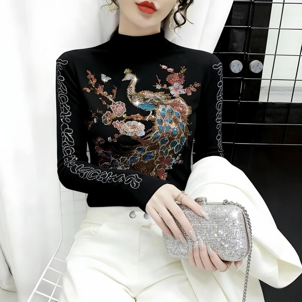 De Rong Women's Autumn/Winter Semi-High Neck Rhinestone Long-Sleeve T-Shirt