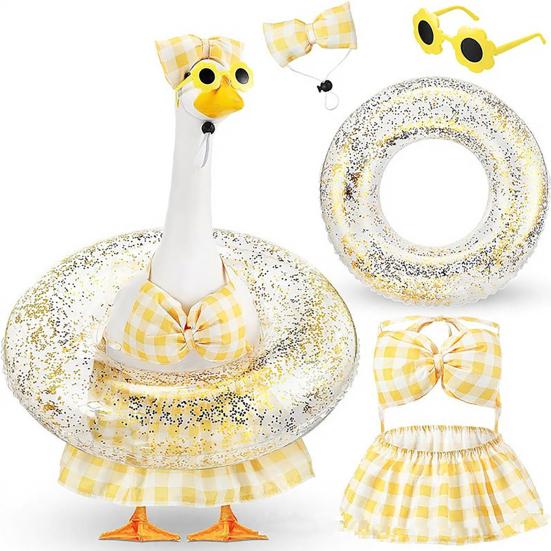 Bikini Porch Goose Outfits, Porch Goose Summer Outfits, Swimsuit with Hat Sunglasses & Swim Ring, Fit 23'' Lawn Goose Statue for Summer Outdoor Garden