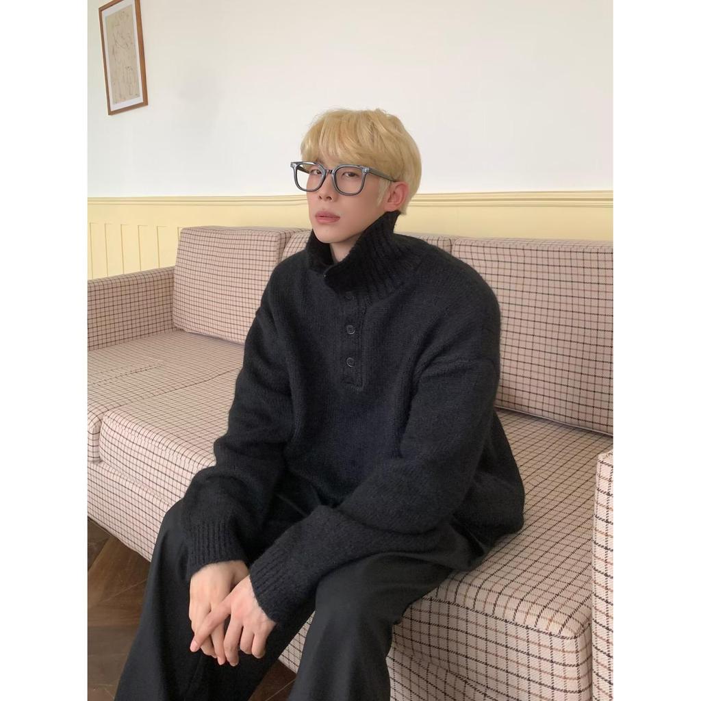 Men's Korean-Style Half-High Collar Textured Knit Sweater - Loose Fit for Autumn/Winter