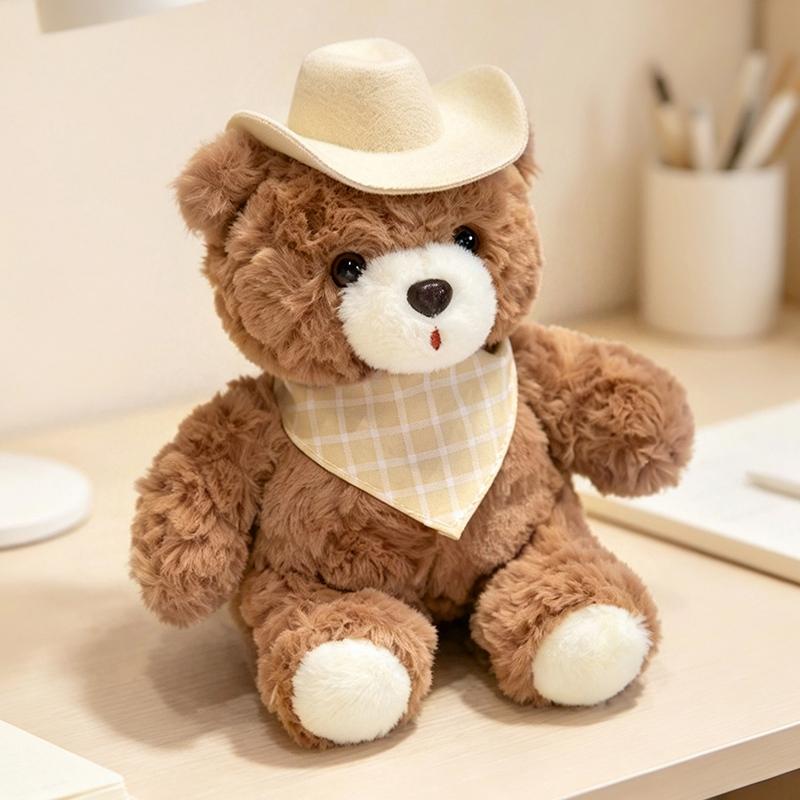 Stuffed Bear Plush Toy 3 Styles Brown Bear Cowboy Hat Red Bow Blue Hat Soft Plush Desk Ornament Home Office Room Decor Gift