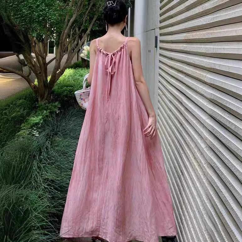 Seaside Vacation Casual Pink Suspender Dress Outfit for Women In Summer New Loose Slim Big Sling Skirt Beach Skirt