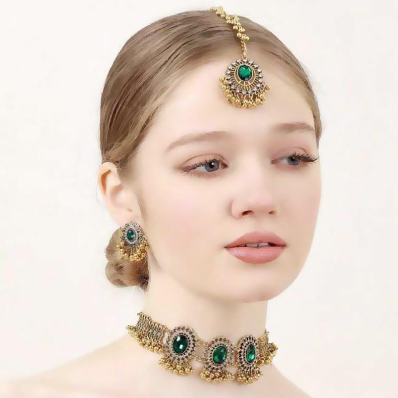 Women's Sparkling Gem Hair Chain & Earring Jewelry Set
