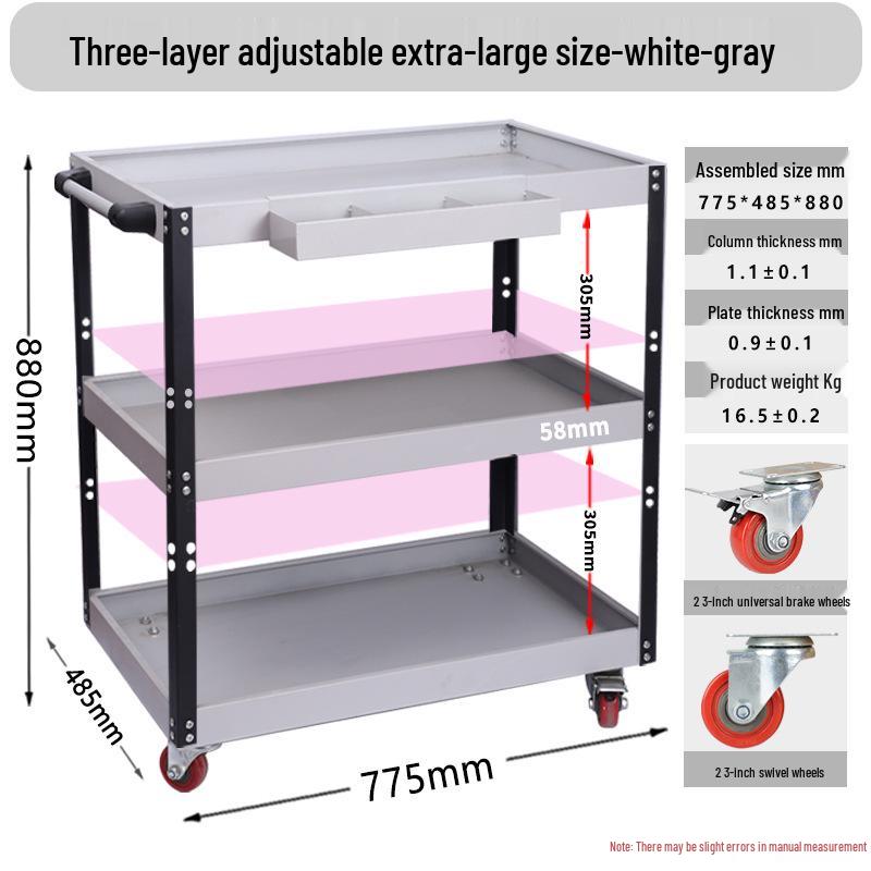 Adjustable 3-Tier Hand-Push Tool Cart for Auto Repair - Multi-Functional Mobile Workshop Storage.