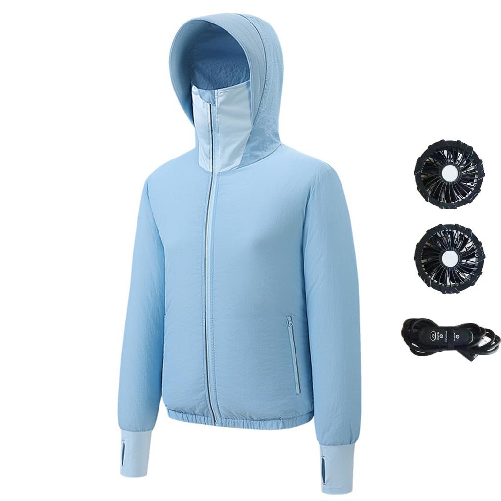 Women's Summer Fan Jacket (Including A Set Of 9-blade Brushless 5V Fans) Long Sleeved Hooded Zipper Heatstroke Proof Solid Color Work Clothes
