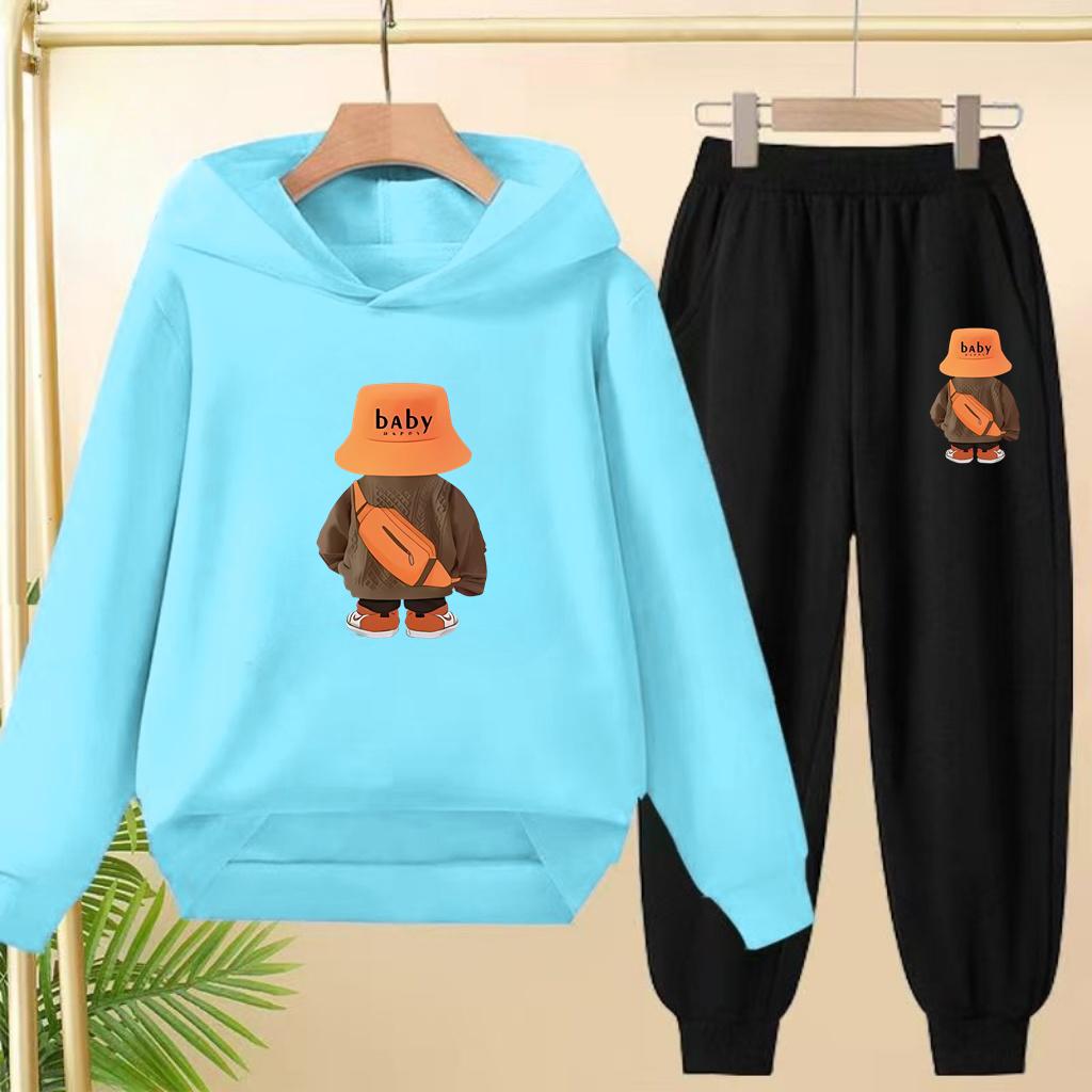 Suit Hoodie, "Baby Boy", Suitable for Boys and Girls Aged 3 to 12. Its Features Are Pink, White and Blue Tops and Trousers