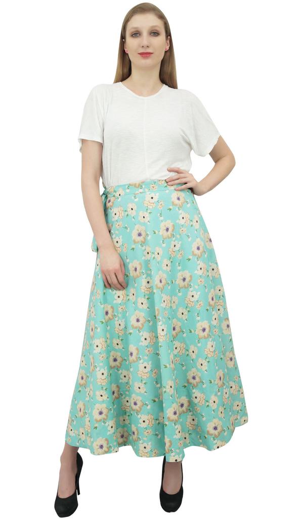 Phagun Reversible Long Wrap Skirt Floral Printed Cotton Mint Green Cover Up