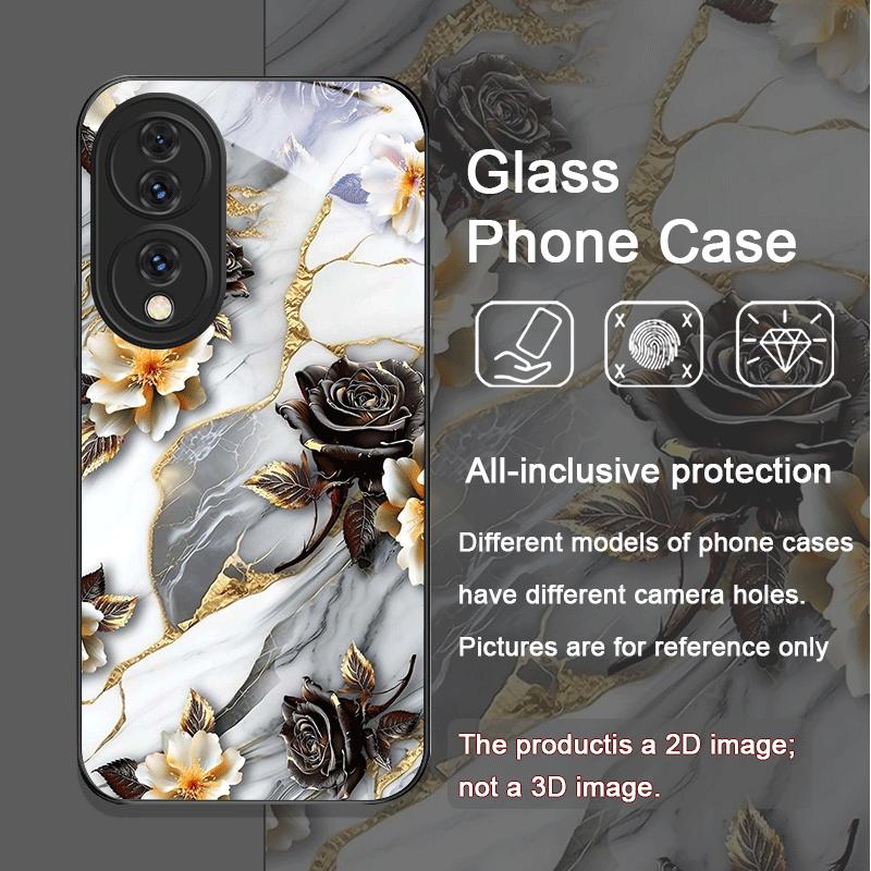 Aesthetic Flower Marble Texture Art Tempered Glass Phone Case for Huawei Nova 13 12 11 10 SE Mate 70 60 Pro+ P60 P50 P40 Covers