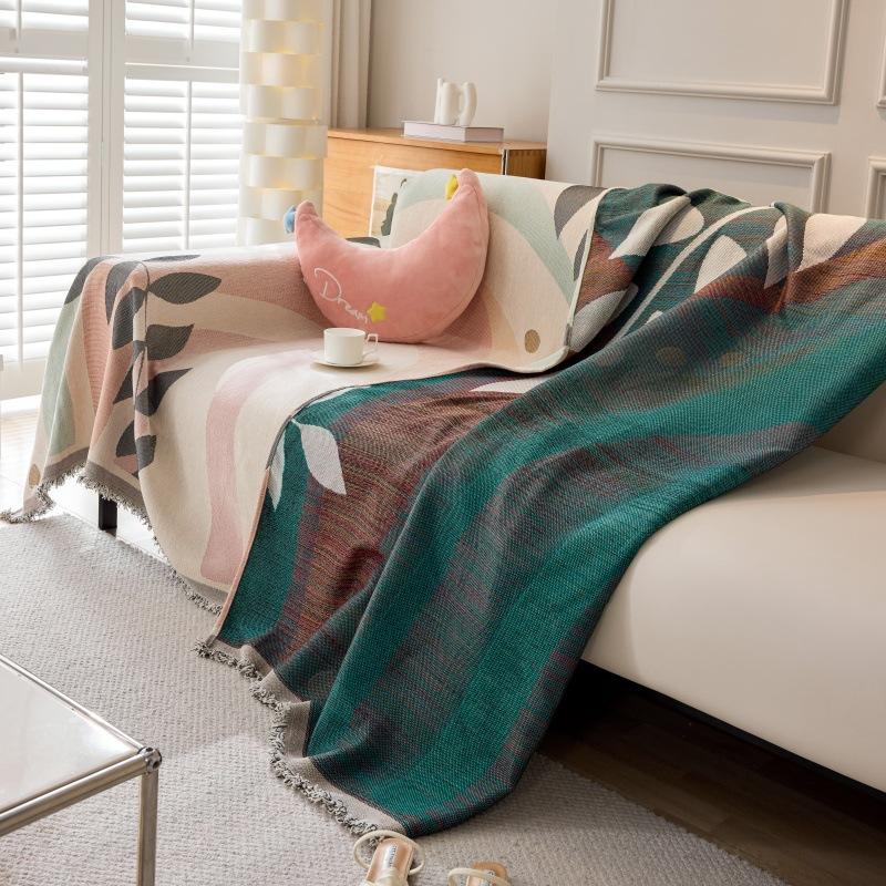 Jacquarddecke, zweiseitiges Sofatuch, Vier-Jahreszeiten-Sofabezug aus Chenille mit Blättern, Staubschutz, Anti-Katzen-Kratzschutz, Sofadecke