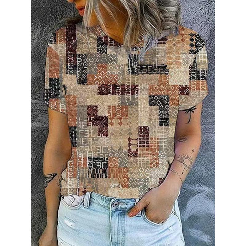 

Летняя женская повседневная свободная модная рубашка с цифровым принтом и короткими рукавами, разноцветная, с круглым вырезом XXXL