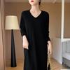 Fine Wool 100% Pure Wool Loose Round Neck Long Dress, Spring/Summer Seamless V-Neck Style.