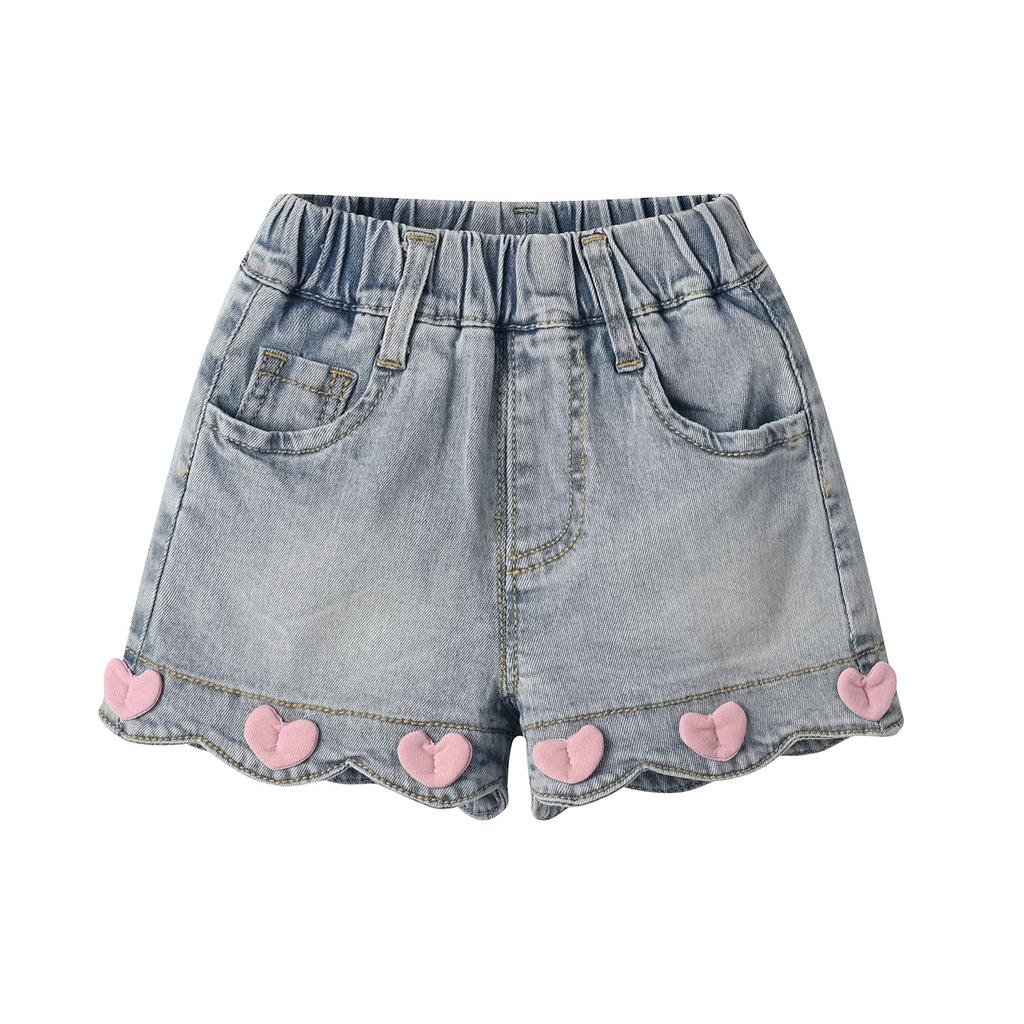 Girls' Denim Shorts Korean Stylish Three-dimensional Love Shorts for Baby Girls and Versatile Lace Summer Casual Pants