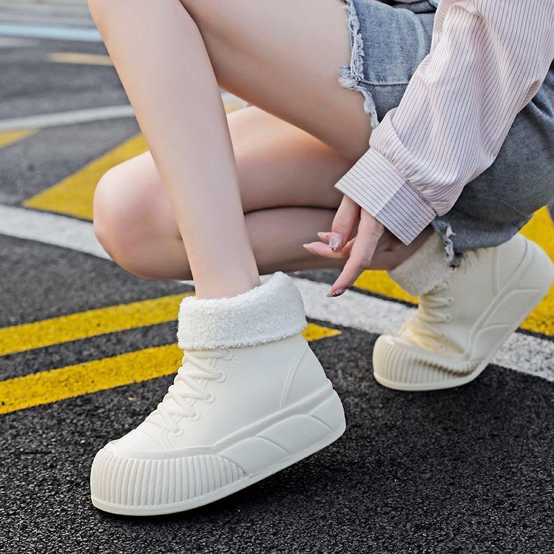 Women's Thick Soled Fur Lined Anti Slip Rain Boots, Short Tube Casual Shoes, Cute Design for Students, Waterproof Shoes