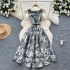 French retro high-end elegant square neck sleeveless printed dress women's new strap waist big swing dress