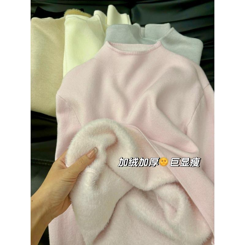 Thickened integrated fleece warm sweater women's semi-turtleneck stacked inside top autumn and winter fleece bottomed knitted sweater