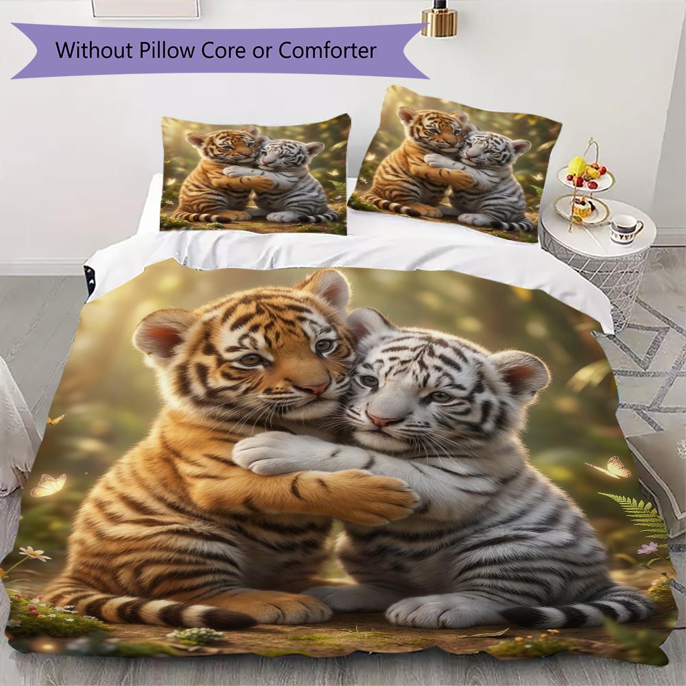 Sweet Tiger Pairs Pattern Bedding Uilt Set Uilt Cover Pillowcase Home Decoration Birthday Gift (1 * Duvet Cover + 2 * Pillowcase Without Core)