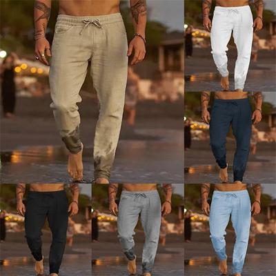 Neue Herren einfarbige Kordelzug Baumwolle Leinen locker lässige Strand Lounge Hose